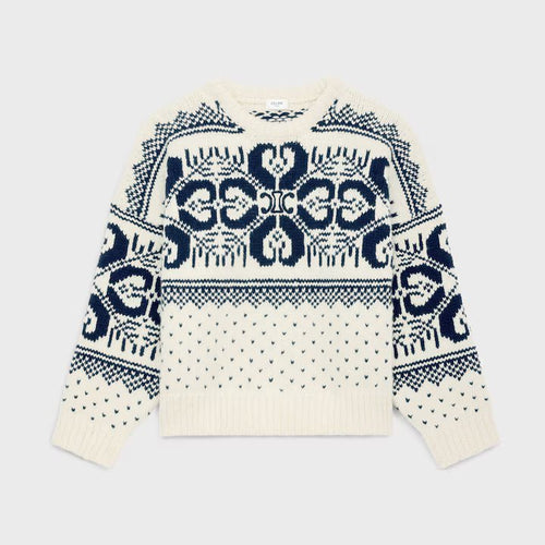 CELINE Crew Neck Sweater In Fair Isle Wool and Cashmere | 賽琳 費爾島羊毛與羊絨圓領毛衣(米白色/海軍藍) - LondonKelly 英國名牌代購