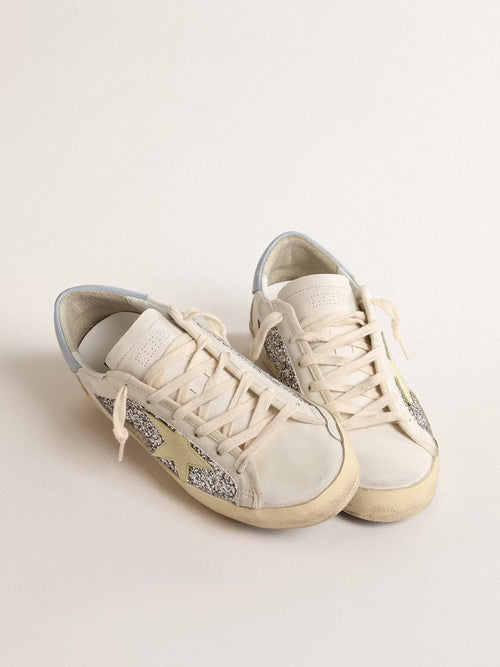 GOLDEN GOOSE Bio - based Super - Star with silver glitter and yellow leather star | 黃金鵝 Bio - based Super - Star 搭配銀色亮片與黃色皮革星星（白色） - LondonKelly 英國名牌代購