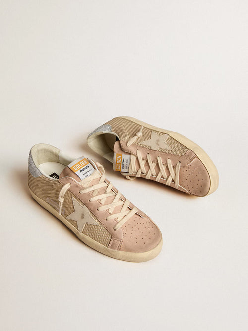 GOLDEN GOOSE Super - Star LTD in white mesh and pink nubuck with Swarovski crystals heel tab | 黃金鵝 黃金鵝 Super - Star LTD 白色網布與粉紅色絨面革款，搭配施華洛世奇水晶後跟標籤（白色網布與古玫瑰色） - LondonKelly 英國名牌代購